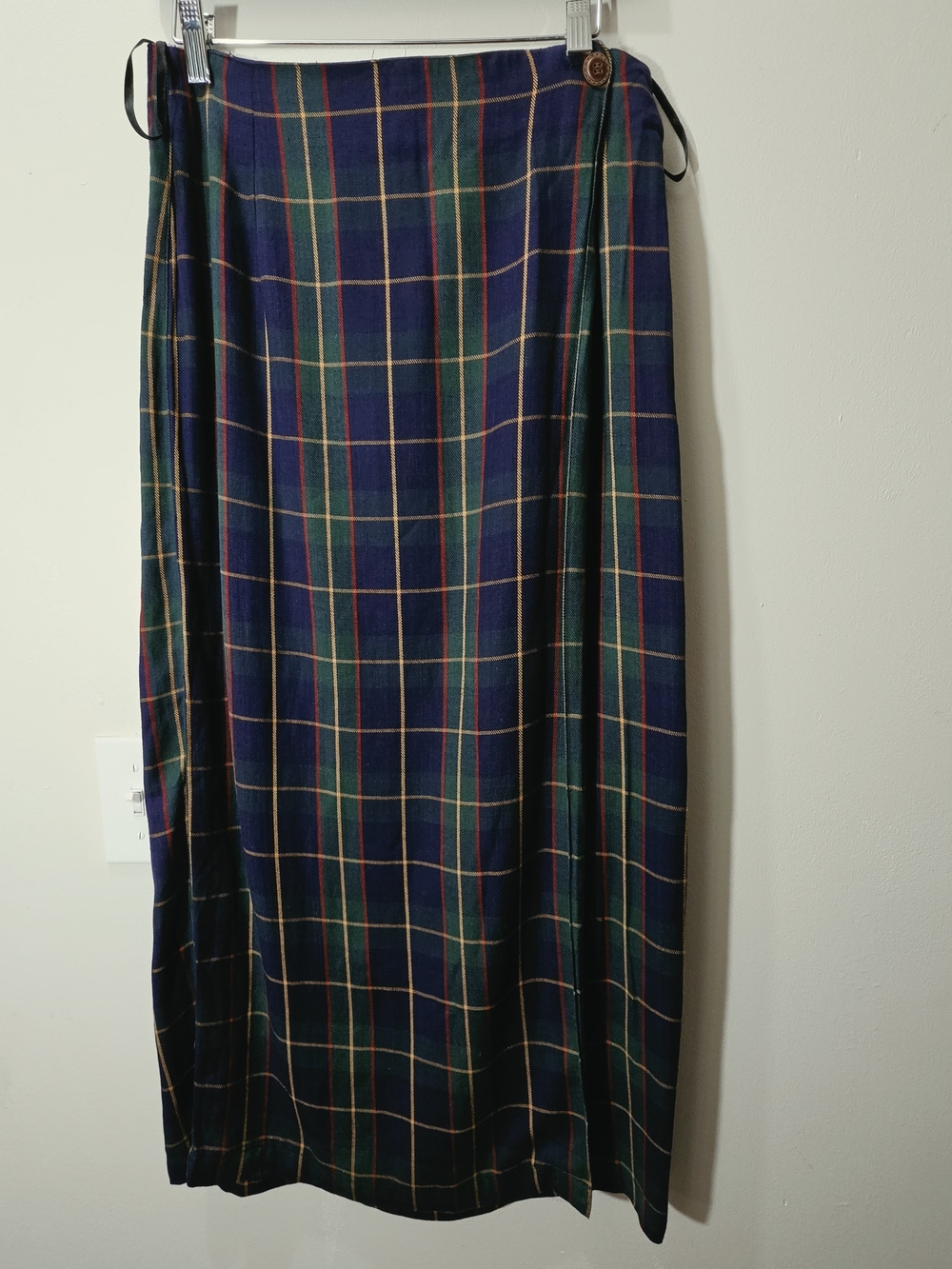 Navy & Green Tartan Plaid Cotton Blend Maxi Wrap Skirt Size 10 Preppy Career - Picture 1 of 11